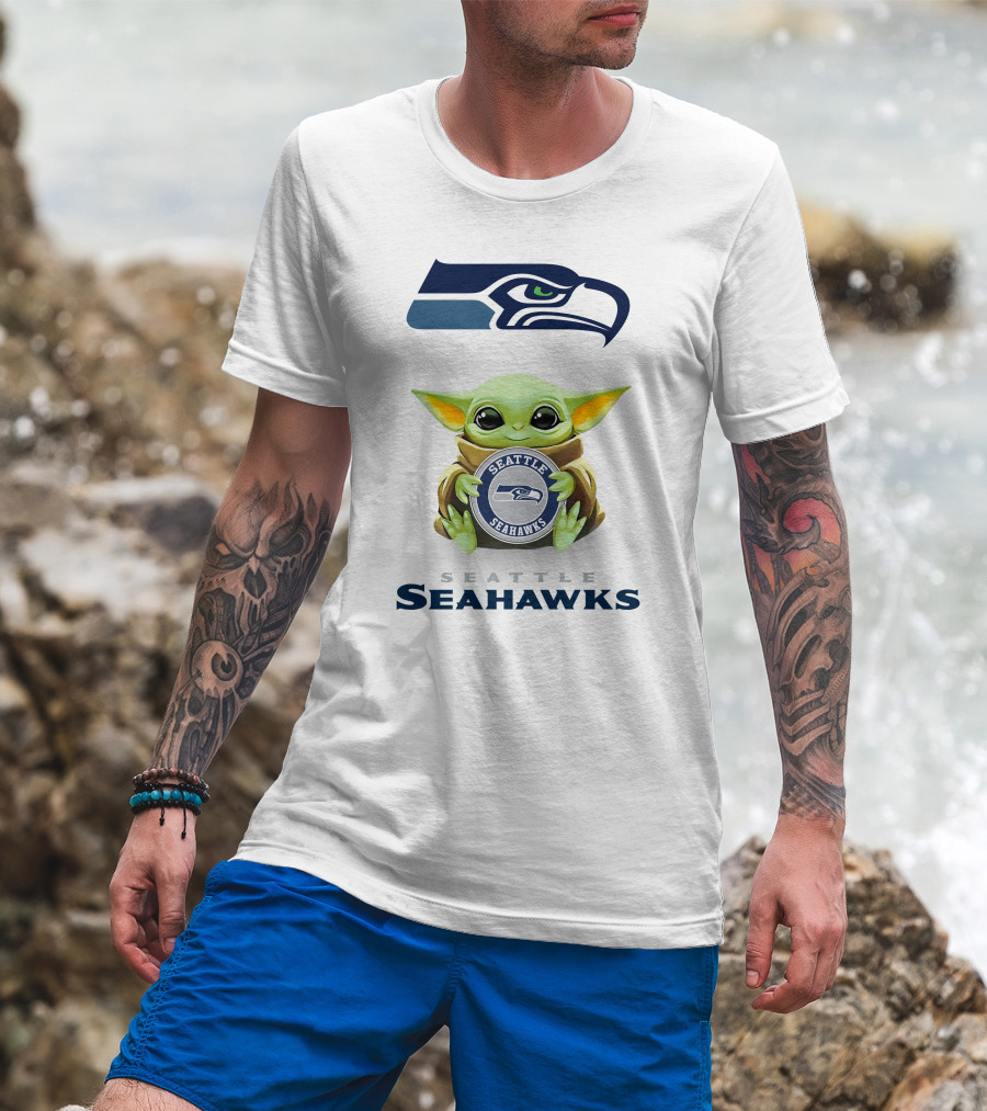 Baby Yoda Seattle Seahawks Hugging Logo With Team Name T-Shirt