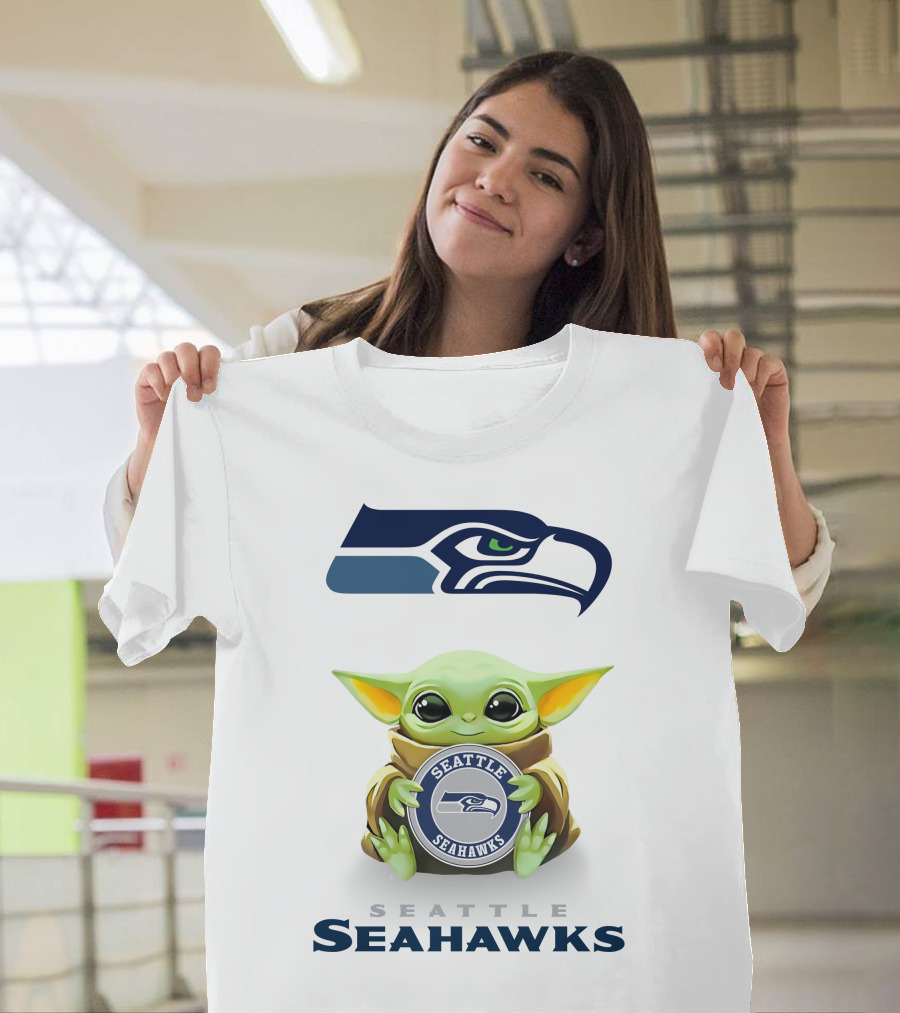 Baby Yoda Seattle Seahawks Hugging Logo With Team Name T-Shirt