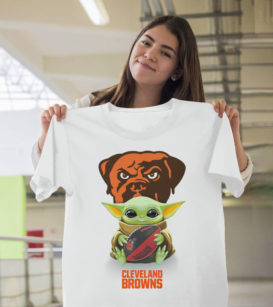 Baby Yoda Holding Cleveland Browns Football with Team Logo Background T-Shirt