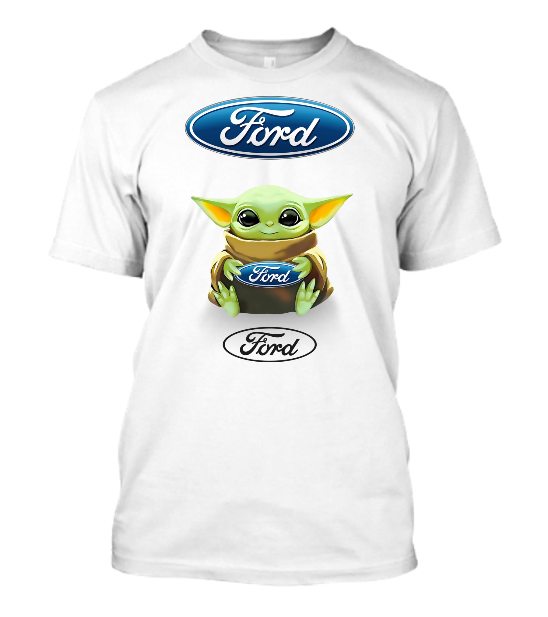 Star Wars Baby Yoda Holding Ford Logo White Background T-Shirt