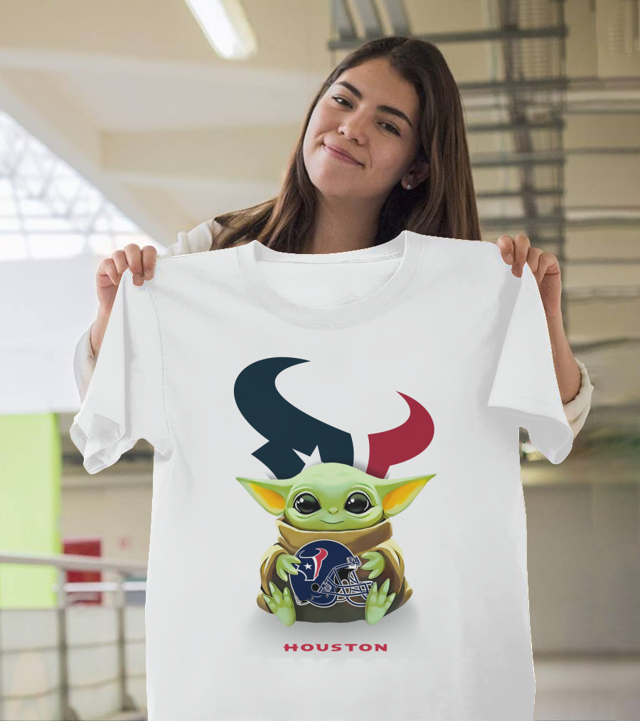 Star Wars Baby Yoda Holding Houston Texans Helmet With Logo On White T-Shirt