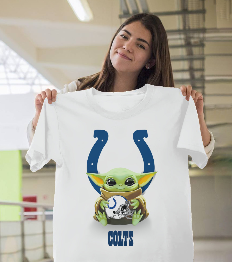 Baby Yoda Hugging Indianapolis Colts Helmet With Horseshoe T-Shirt