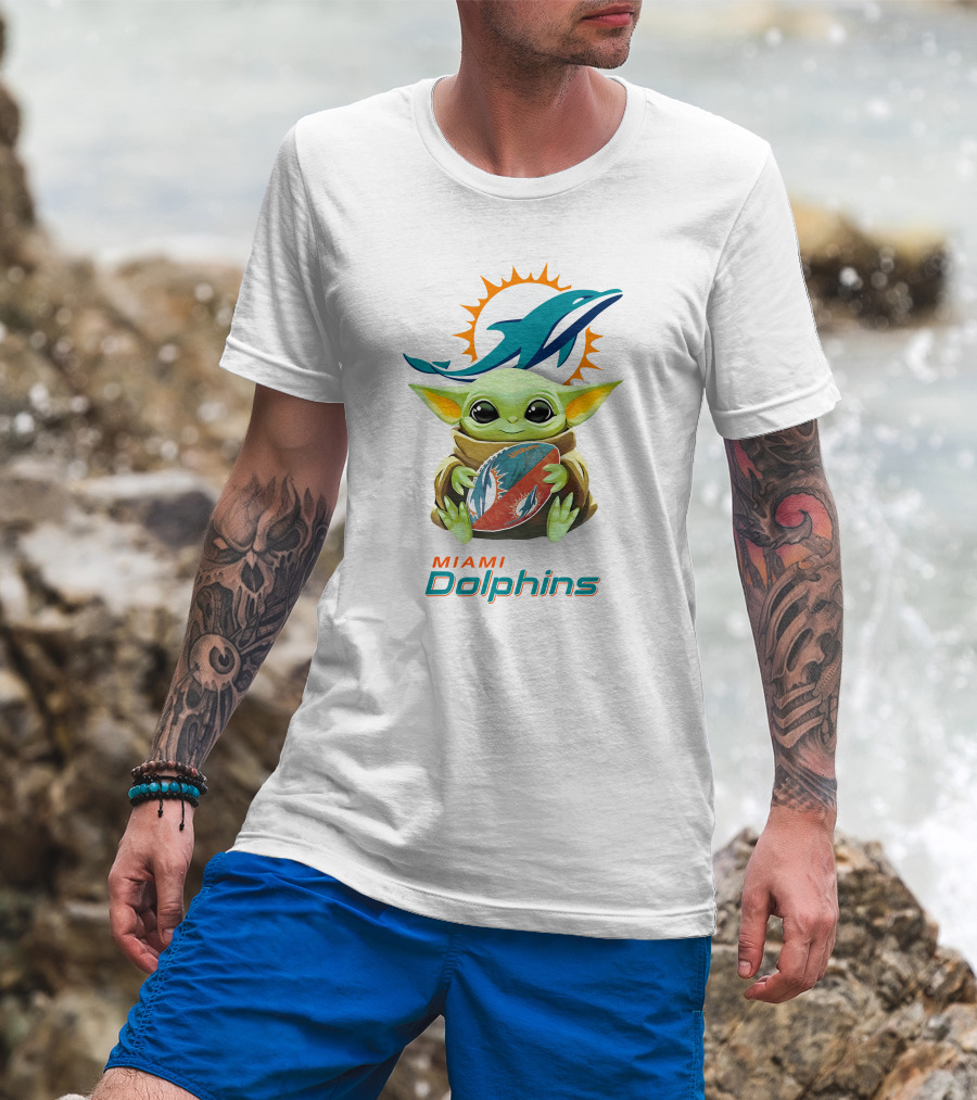 Star Wars Baby Yoda Hug Miami Dolphins Football Tailgate White T-Shirt