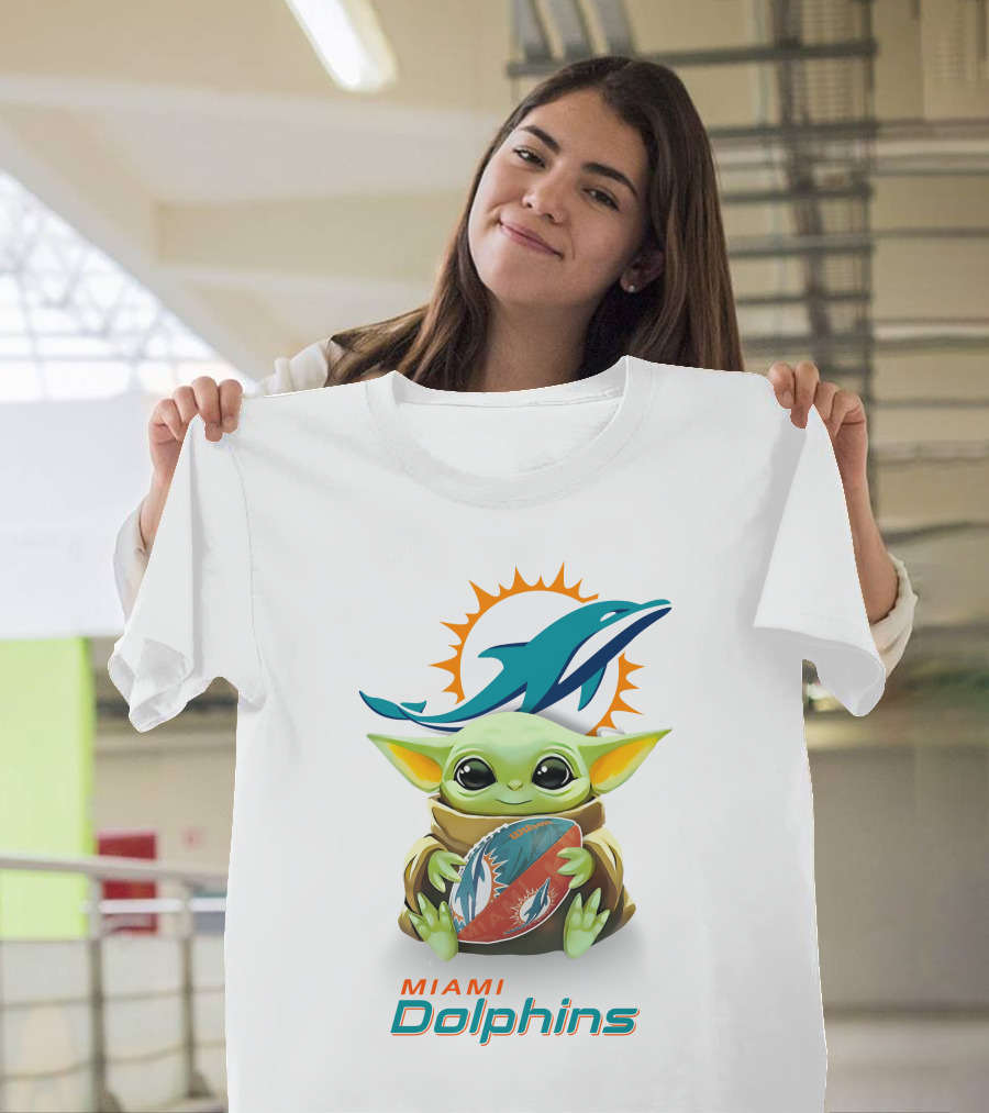 Star Wars Baby Yoda Hug Miami Dolphins Football Tailgate White T-Shirt