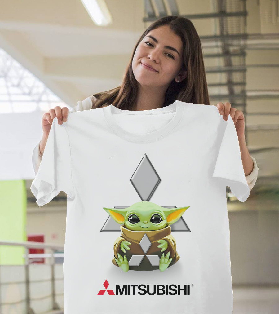 Star Wars Baby Yoda Hug Mitsubishi Logo White Background T-Shirt