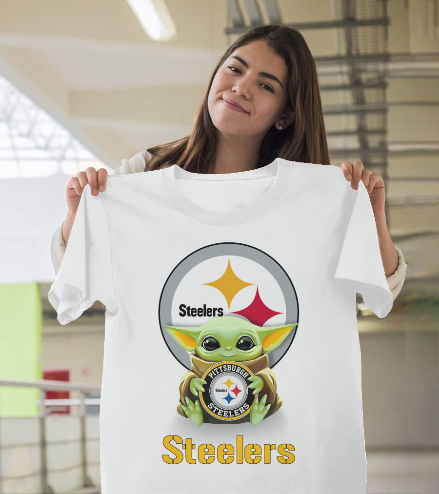 Star Wars Baby Yoda Hugging Pittsburgh Steelers Logo Steelers T-Shirt