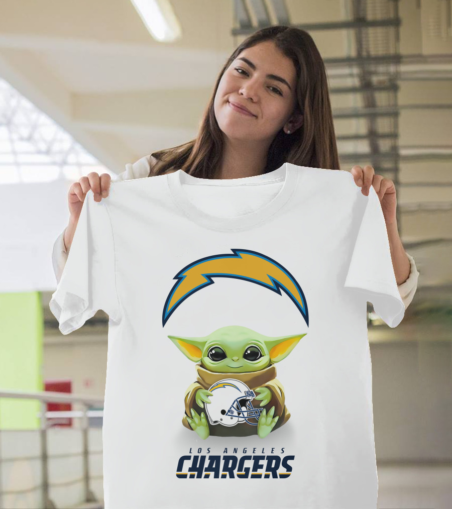 Star Wars Baby Yoda Hug Los Angeles Chargers Helmet White T-Shirt