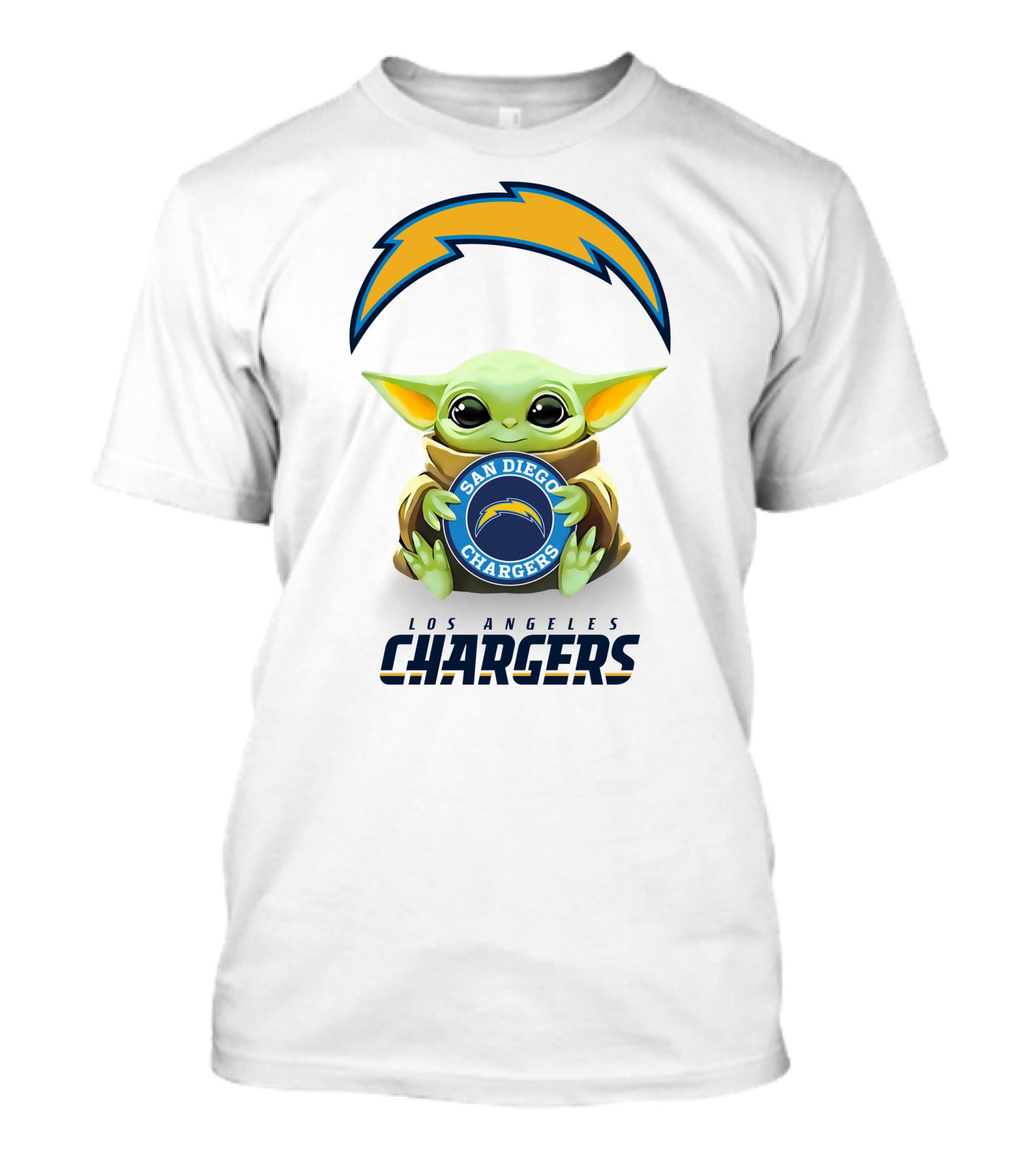 Baby Yoda Holding San Diego Chargers Logo With Los Angeles Chargers Text T-Shirt
