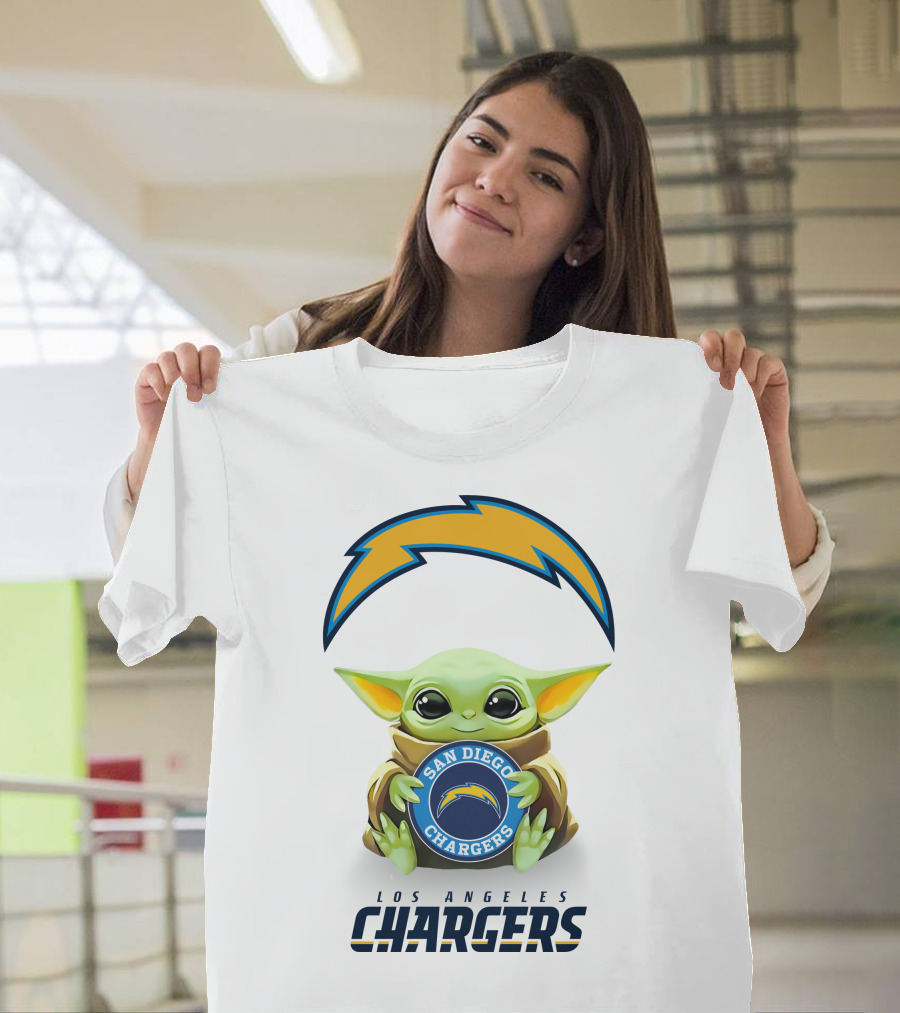 Baby Yoda Holding San Diego Chargers Logo With Los Angeles Chargers Text T-Shirt