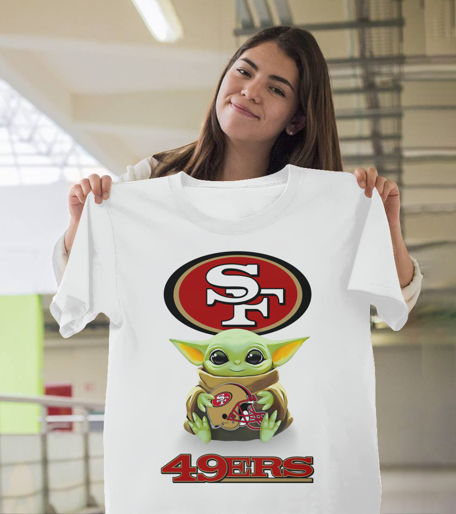 Star Wars Baby Yoda Holding San Francisco 49ers Helmet Logo SF 49ers T-Shirt