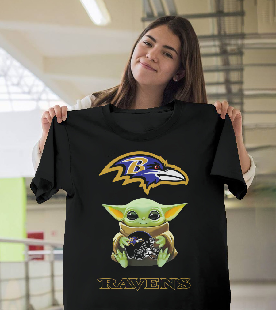 Baltimore Ravens Grogu Holding Ravens Helmet with Team T-Shirt