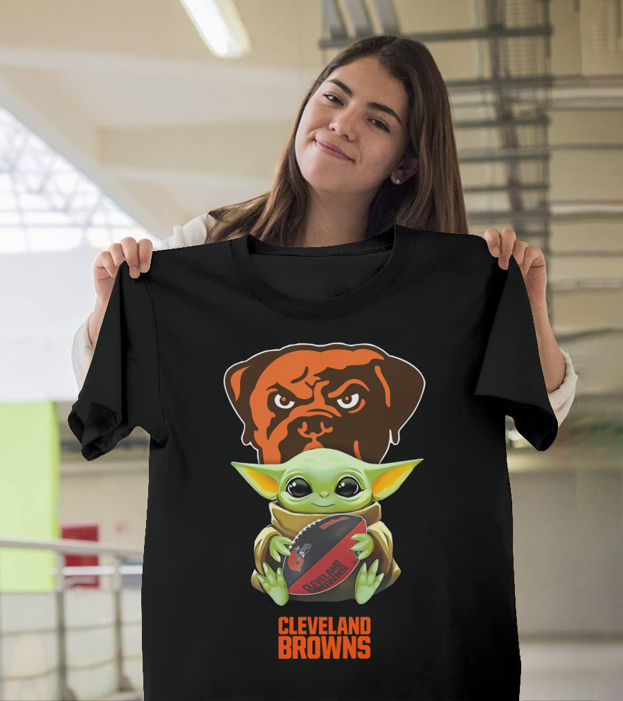 Grogu Hugging Football with Cleveland Browns Logo Tailgate T-Shirt