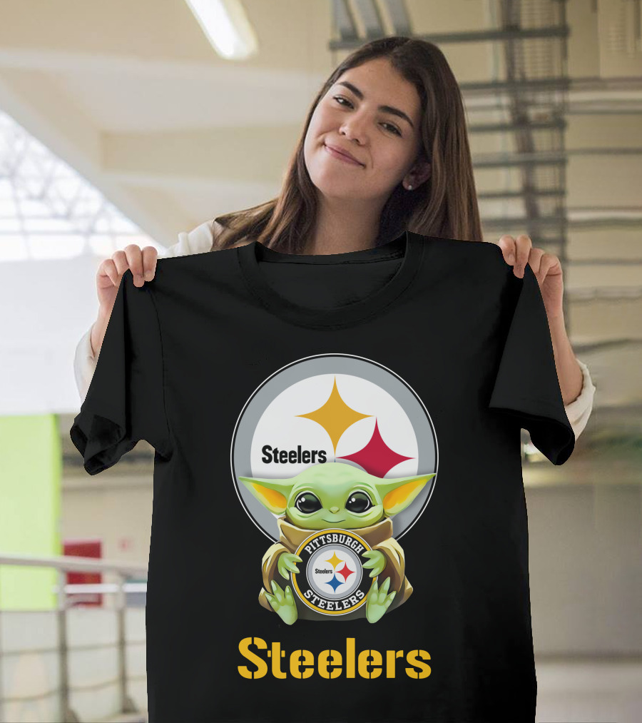 Grogu Holding Pittsburgh Steelers Emblem with Steelers Text T-Shirt