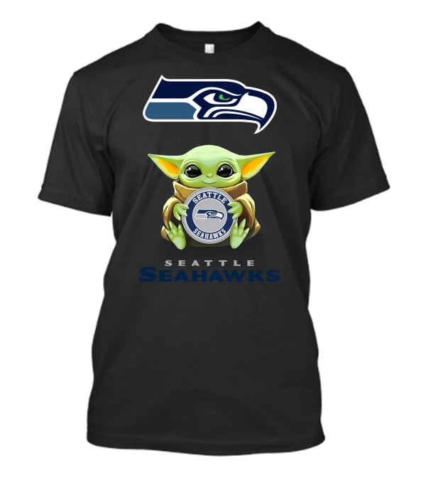 Grogu Holding Seattle Seahawks Logo Emblem With Team Name T-Shirt