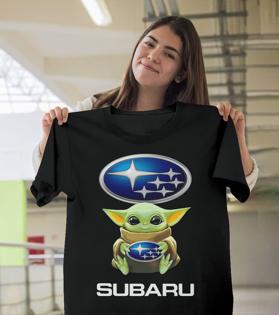Grogu Hugging Subaru Logo with Subaru Stars and Text T-Shirt