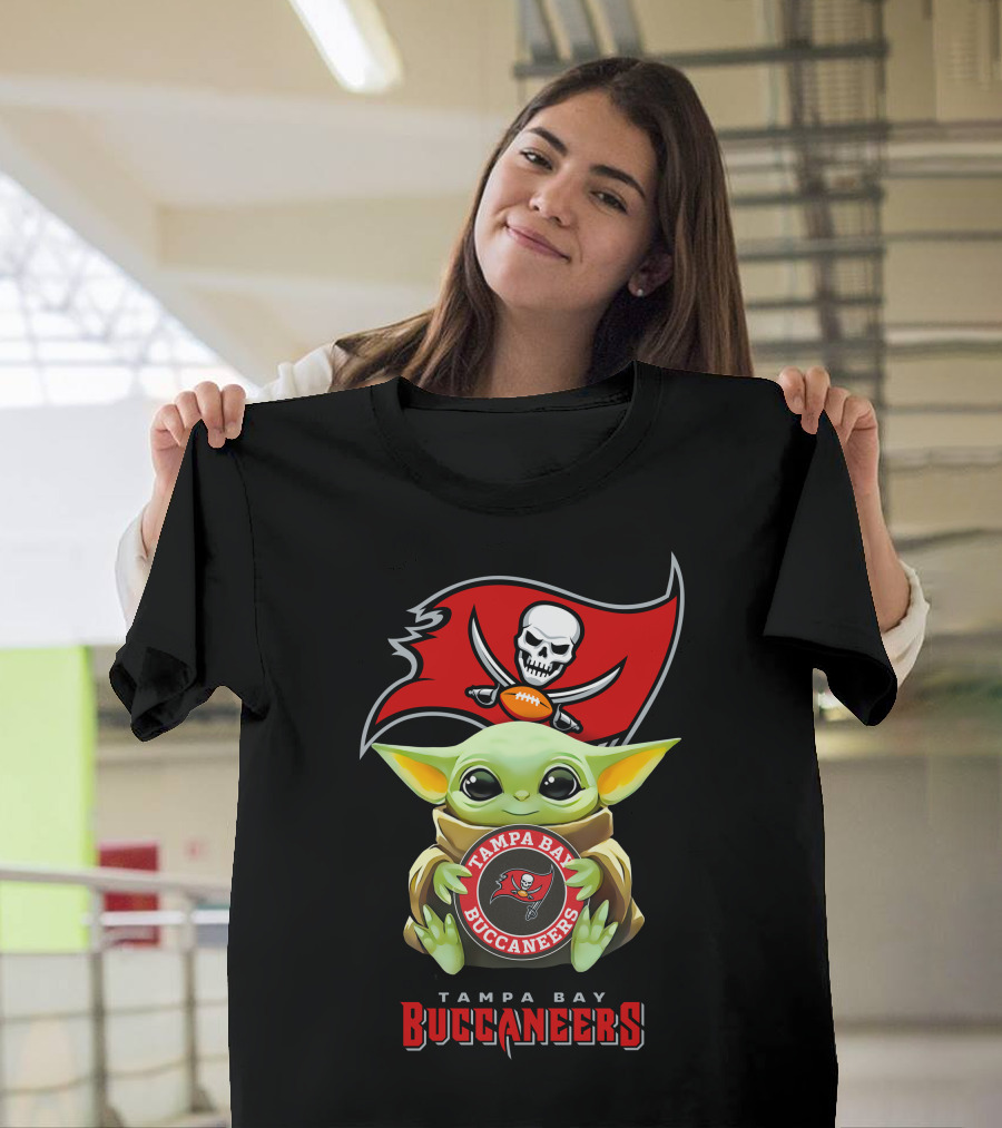 Tampa Bay Buccaneers Grogu Holding Team Logo with Pirate Flag T-Shirt