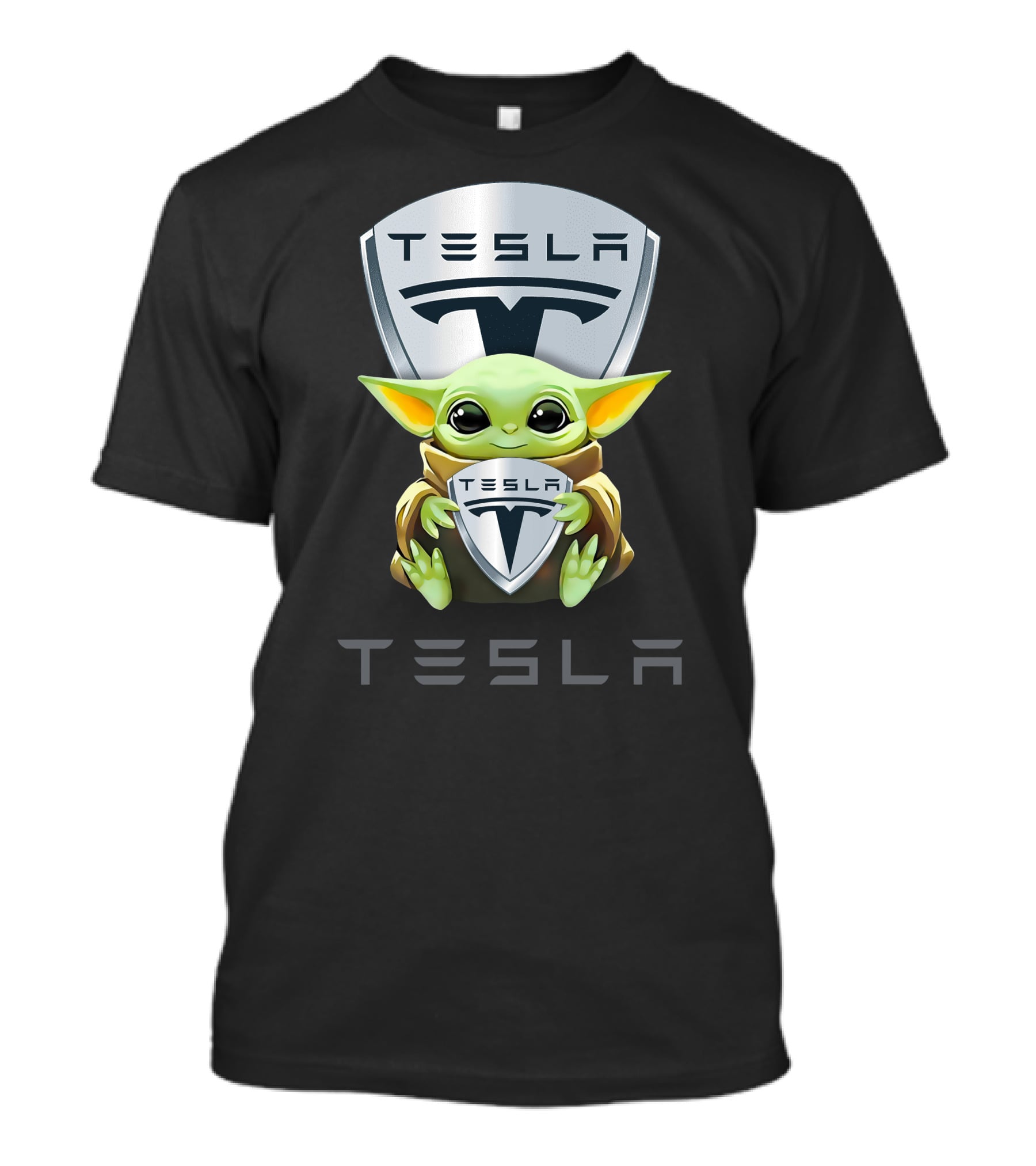 Grogu Holding Tesla Logo Shield Emblem T-Shirt