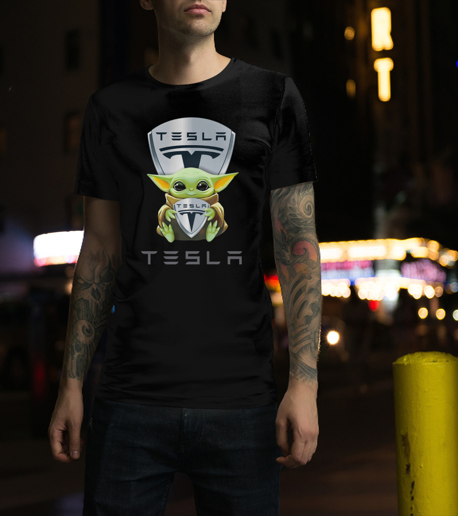 Grogu Holding Tesla Logo Shield Emblem T-Shirt