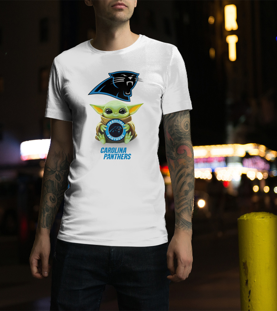 Grogu Holding Carolina Panthers Emblem With Team Logo In White T-Shirt