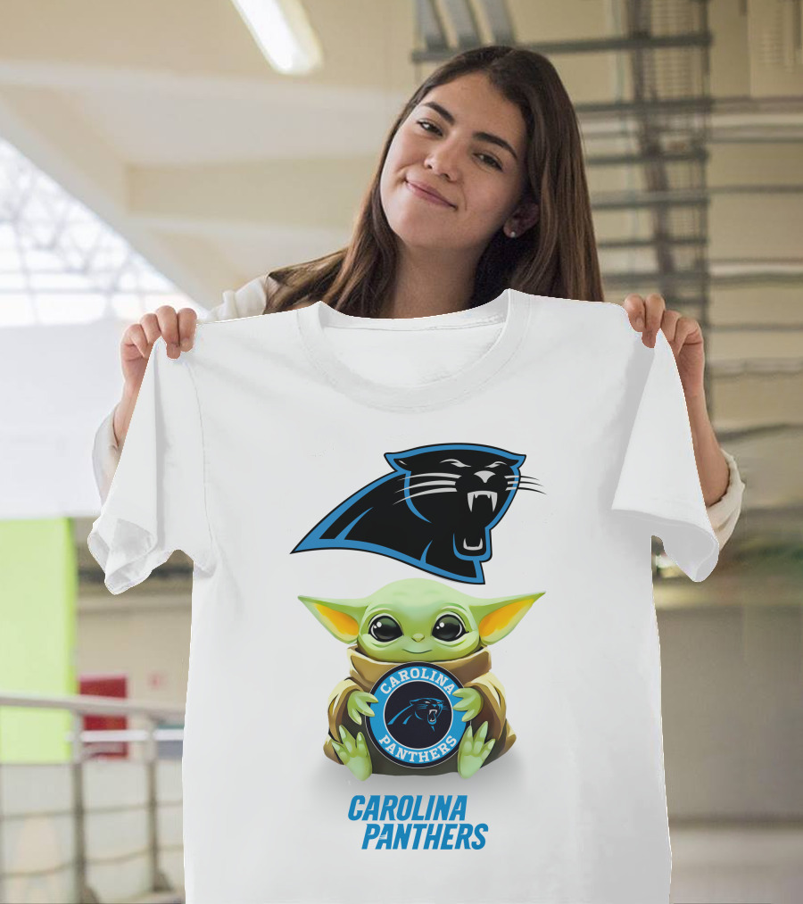 Grogu Holding Carolina Panthers Emblem with Team Logo in White T-Shirt