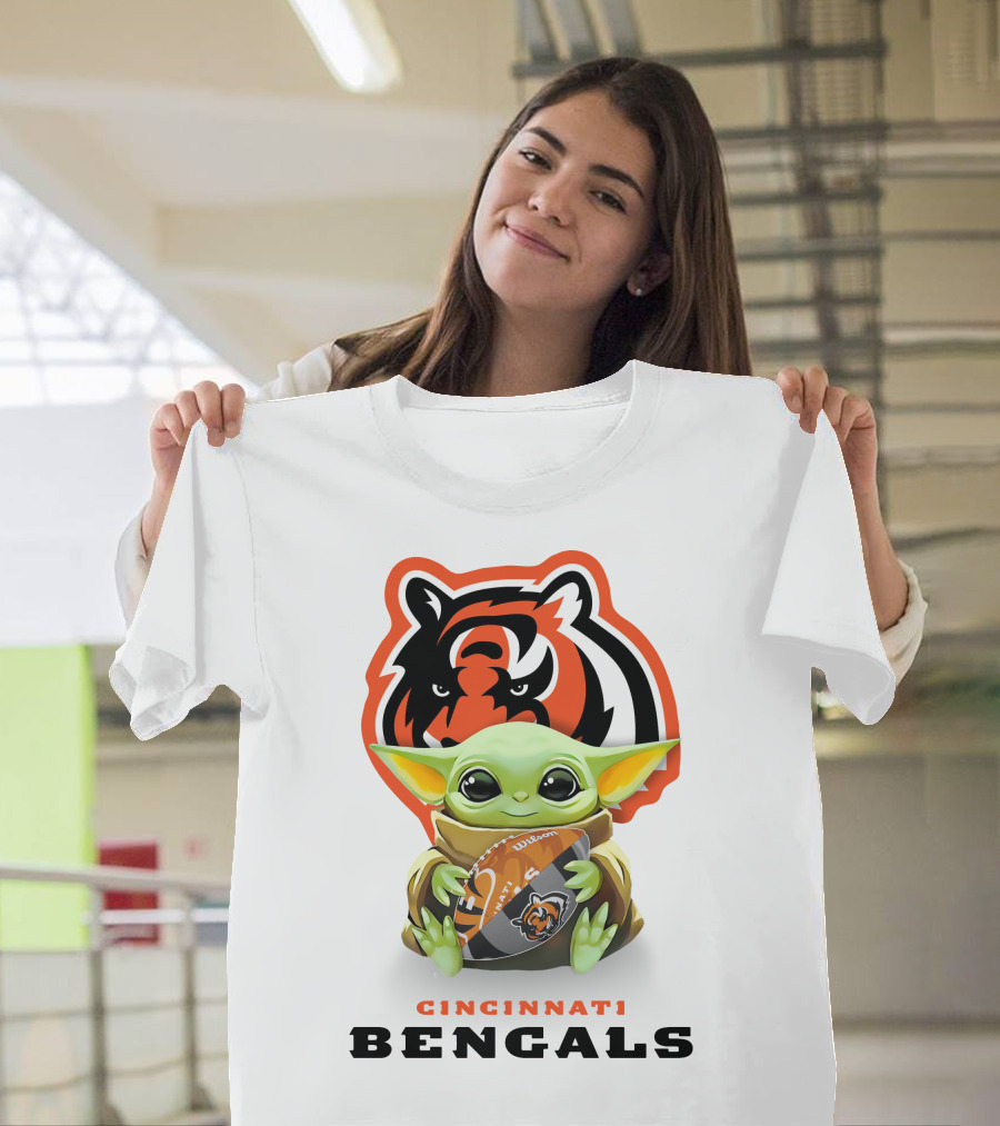 Grogu Holding Cincinnati Bengals Football with Bengals T-Shirt
