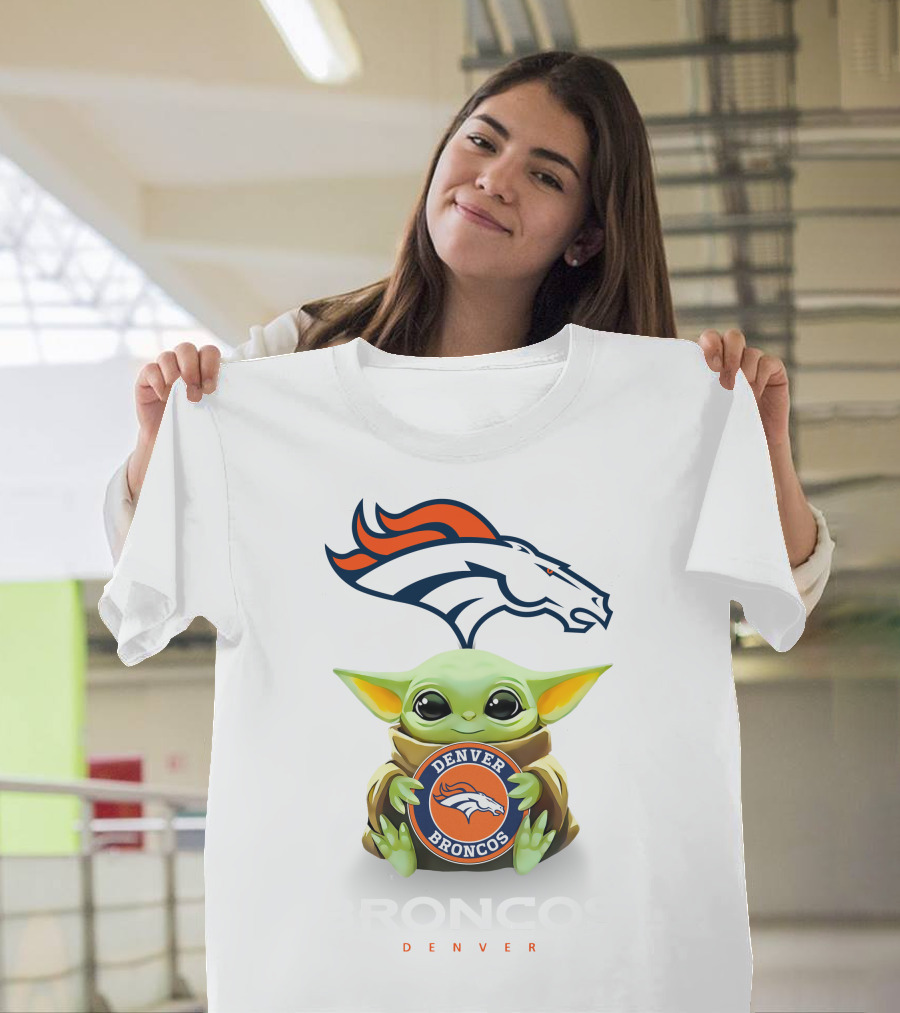 Grogu Hugging Denver Broncos Sign with Broncos Logo Above T-Shirt