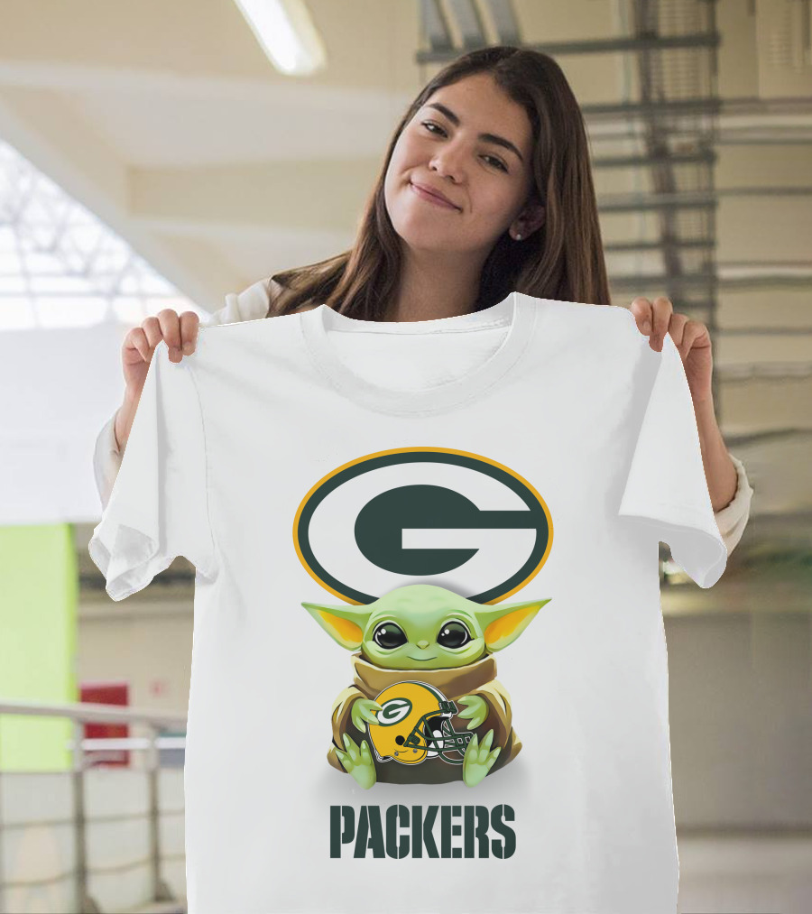Grogu Holding Green Bay Packers Helmet with Logo and Text Packers T-Shirt