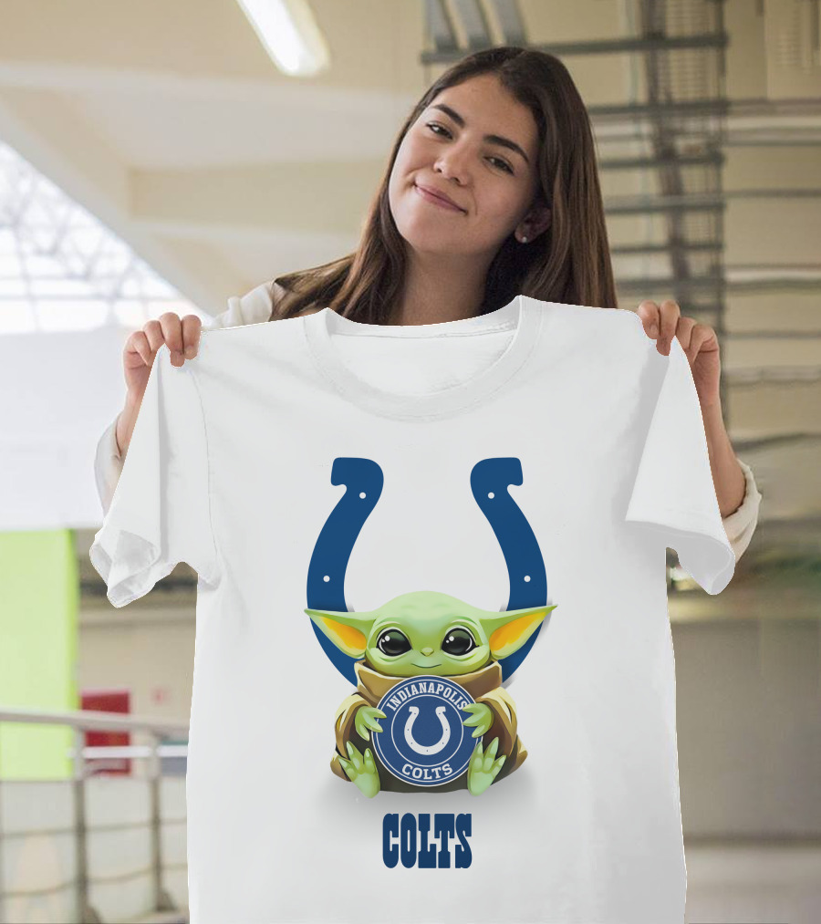 Grogu Holding Indianapolis Colts Emblem with Horseshoe Icon and Colts Text T-Shirt