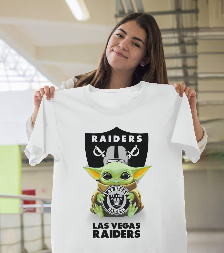 Grogu Holding Las Vegas Raiders Shield With Helmet And Swords T-Shirt