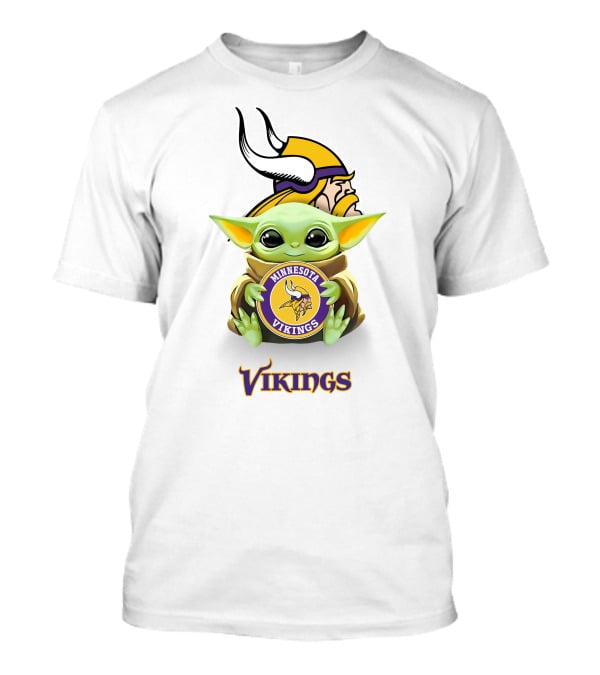 Grogu Holding Minnesota Vikings Symbol With Viking Helmet Background T-Shirt