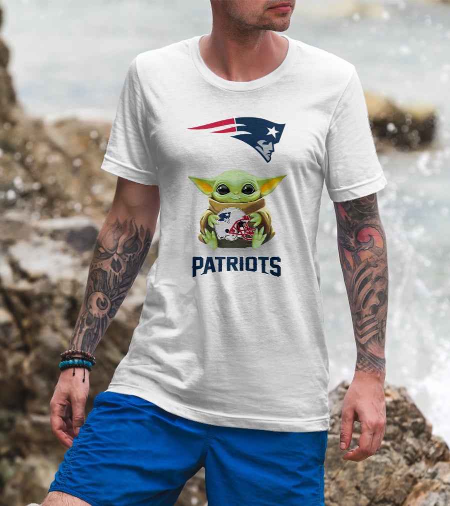 Grogu Hugging New England Patriots Helmet NFL Logo Fan T-Shirt