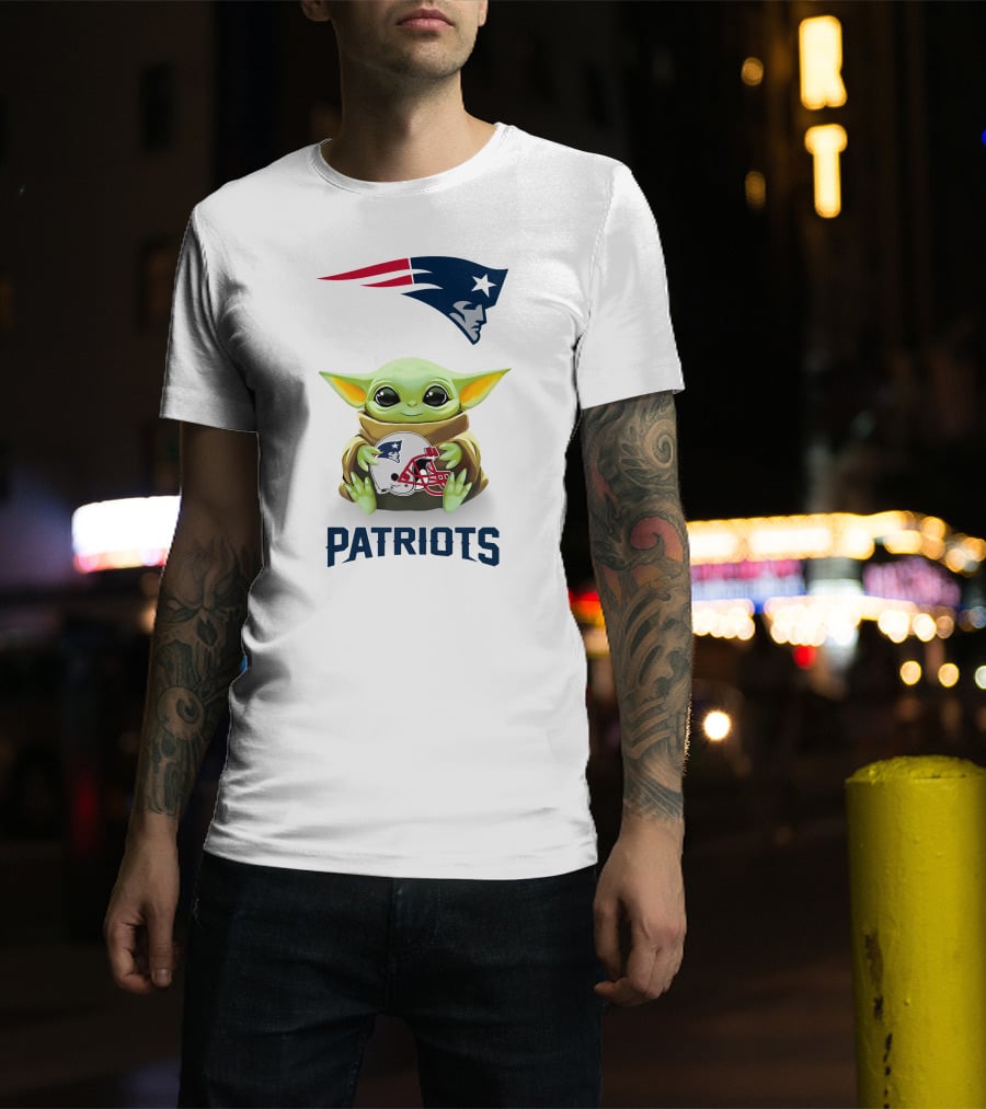 Grogu Hugging New England Patriots Helmet NFL Logo Fan T-Shirt