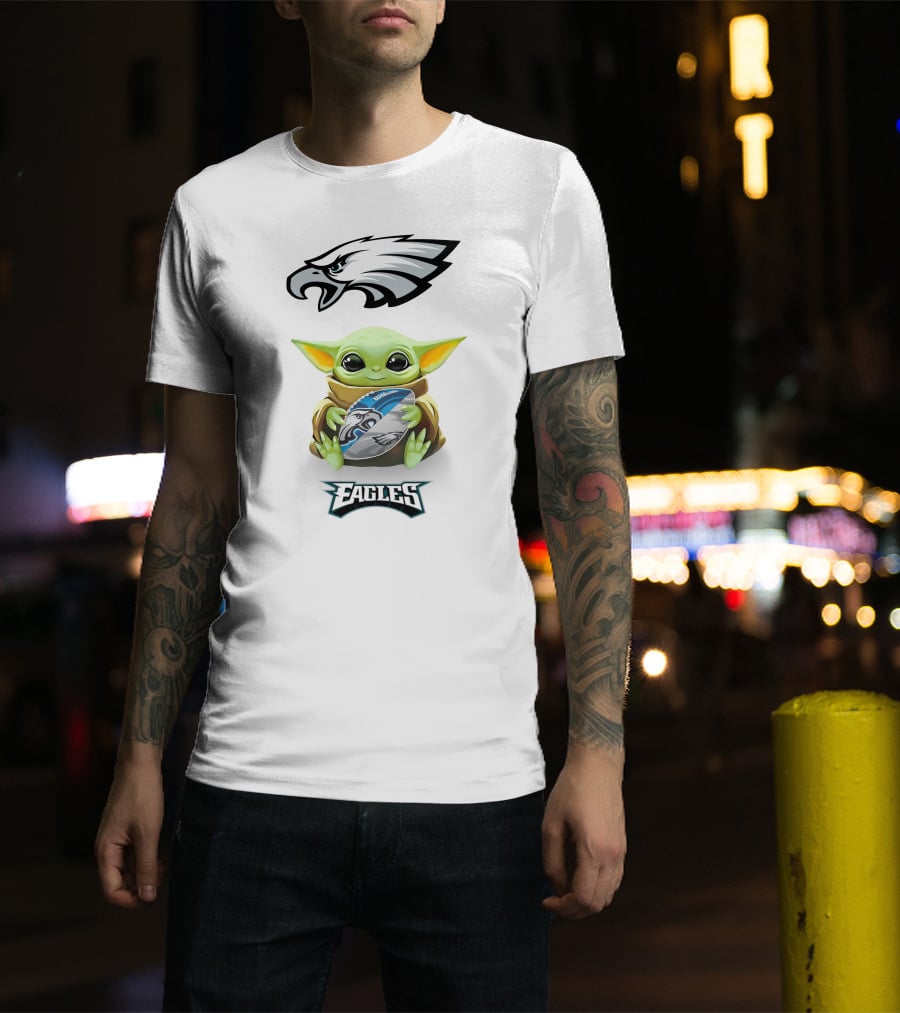 Philadelphia Eagles Grogu Hug Football Tailgate White T-Shirt
