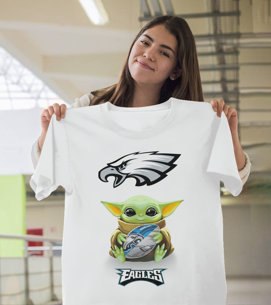 Philadelphia Eagles Grogu Hug Football Tailgate White T-Shirt