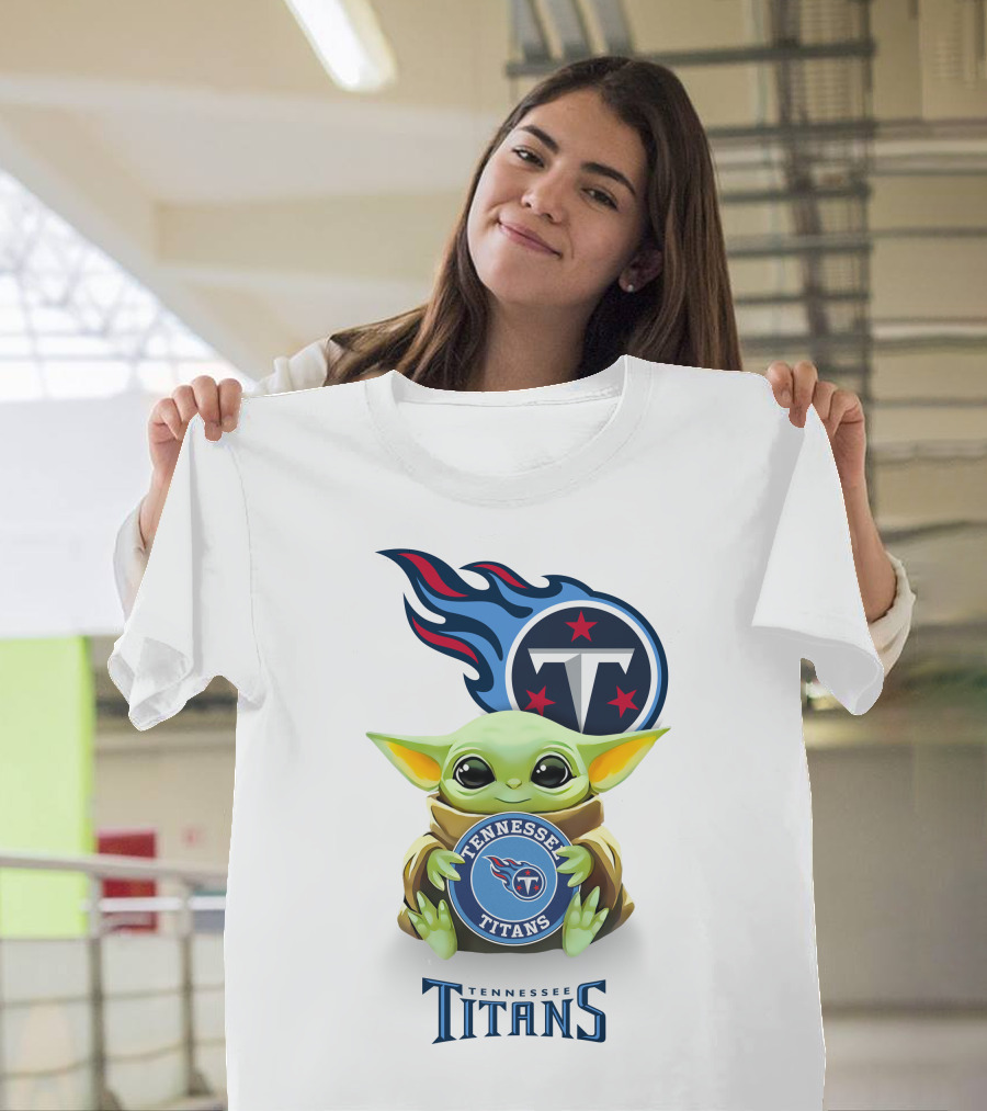 Grogu Holding Tennessee Titans Logo Star Wars Crossover White T-Shirt