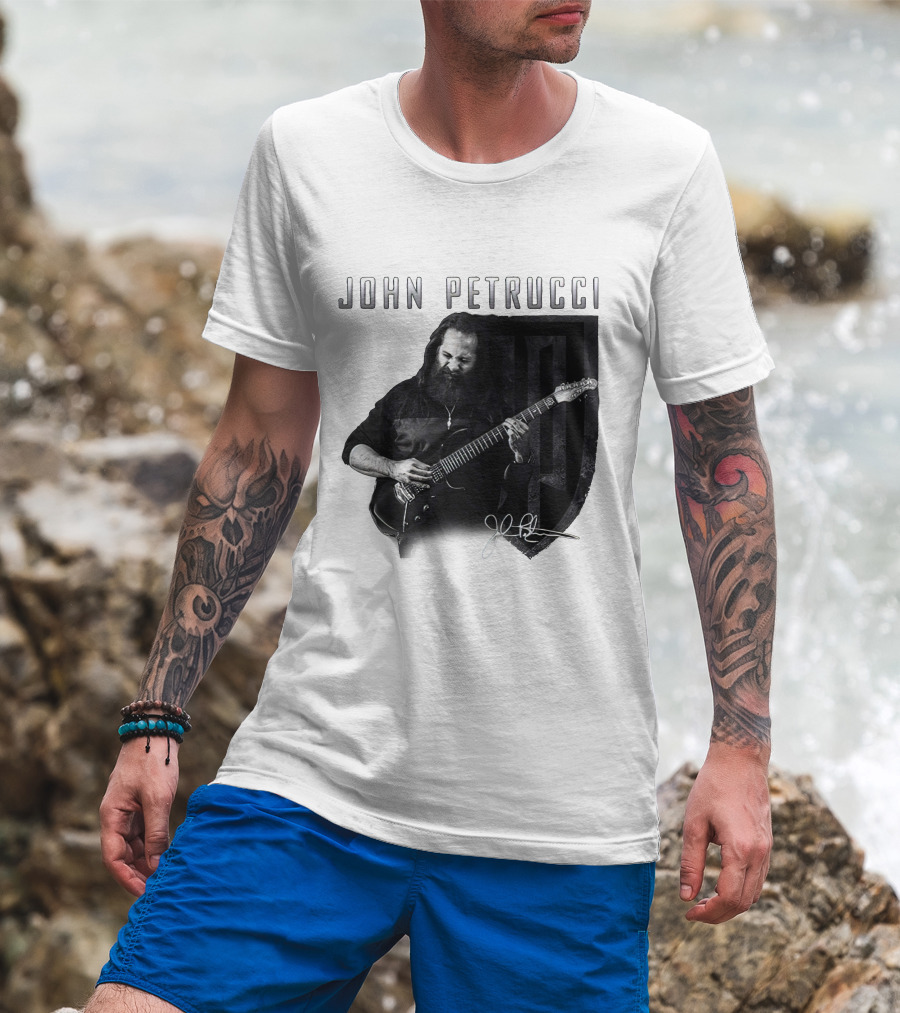 John Petrucci Guitarist Black And White Portrait With Signature T-Shirt