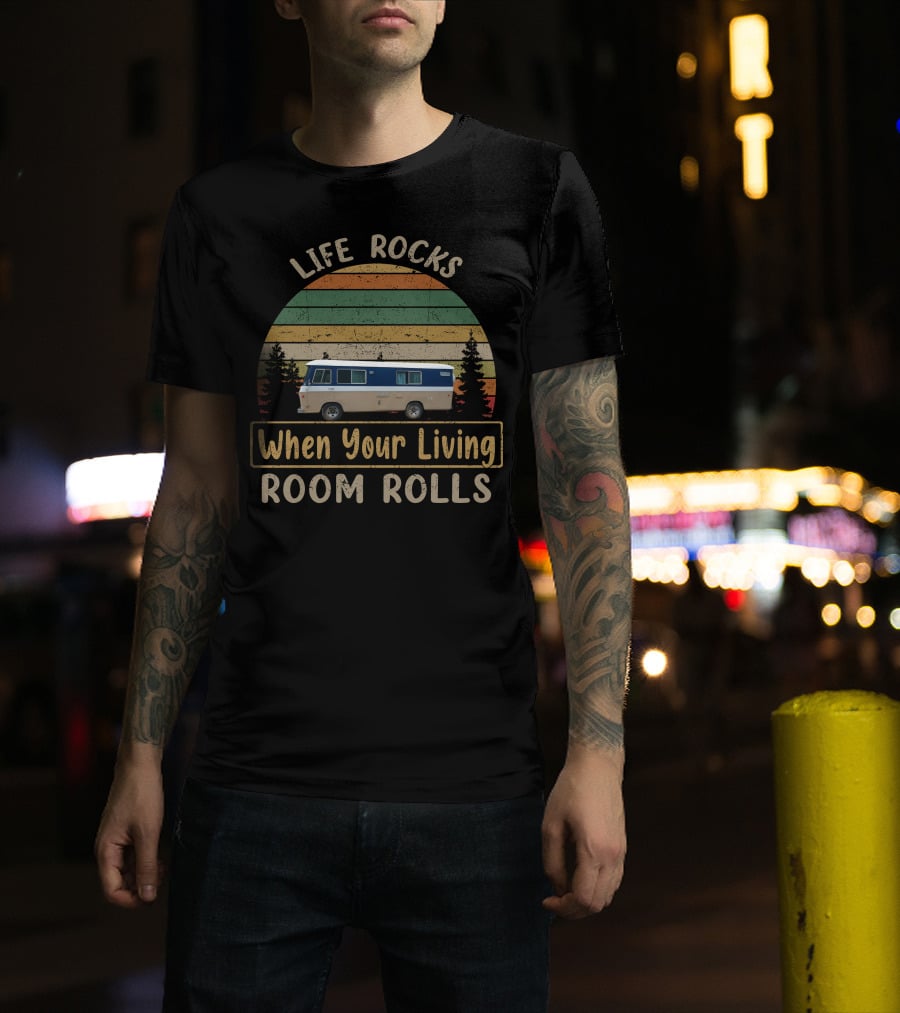 Life Rocks When Your Living Room Rolls Cascade Cortez Vintage Camper Van Retro Stripes T-Shirt