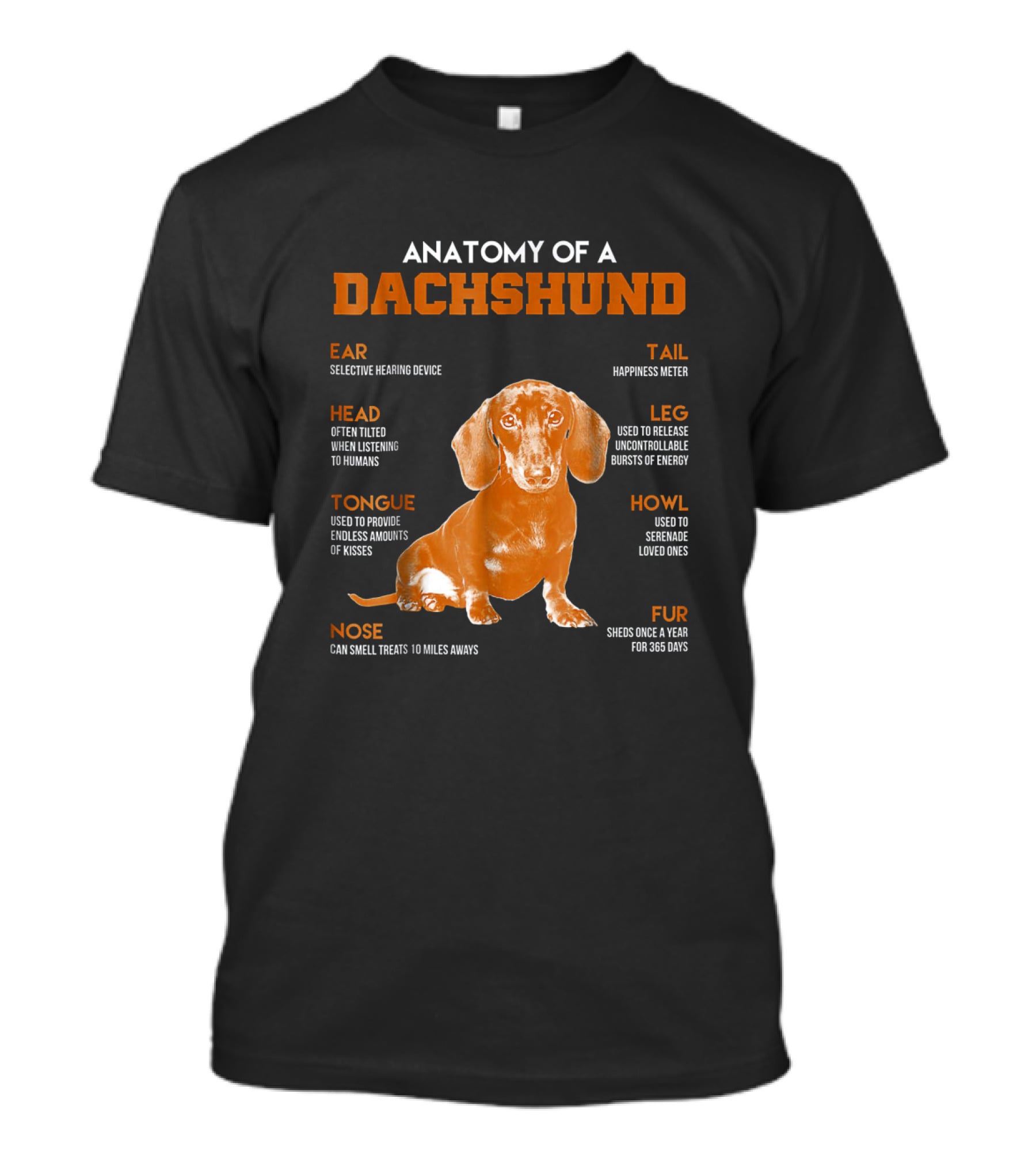 Anatomy Of A Dachshund: Selective Hearing, Happiness Meter, Treat Nose, Energy Legs, Kisses Tongue, Shedding Fur, Listening Head T-Shirt