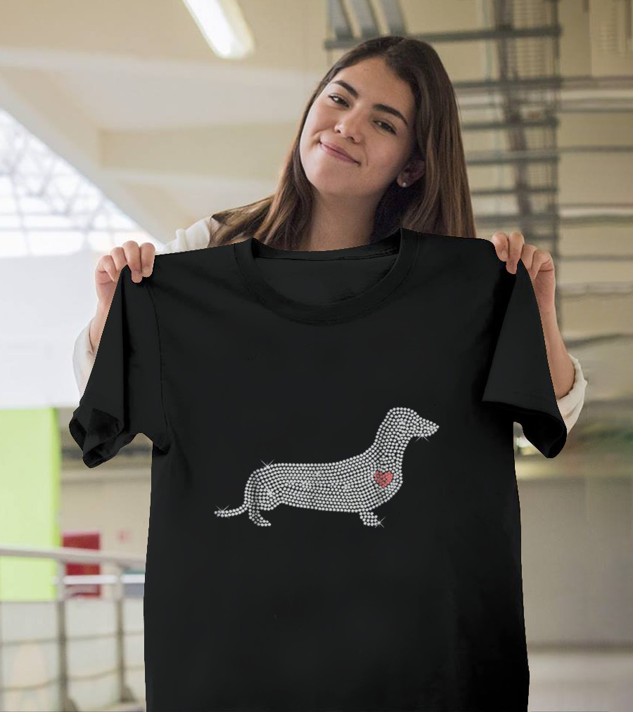 Dachshund Rhinestone Bling With Heart Accent T-Shirt