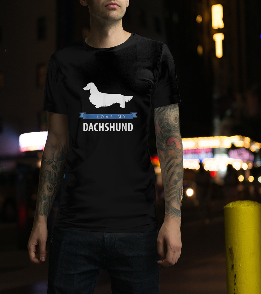 I Love My Longhaired Dachshund Silhouette With Blue Banner T-Shirt