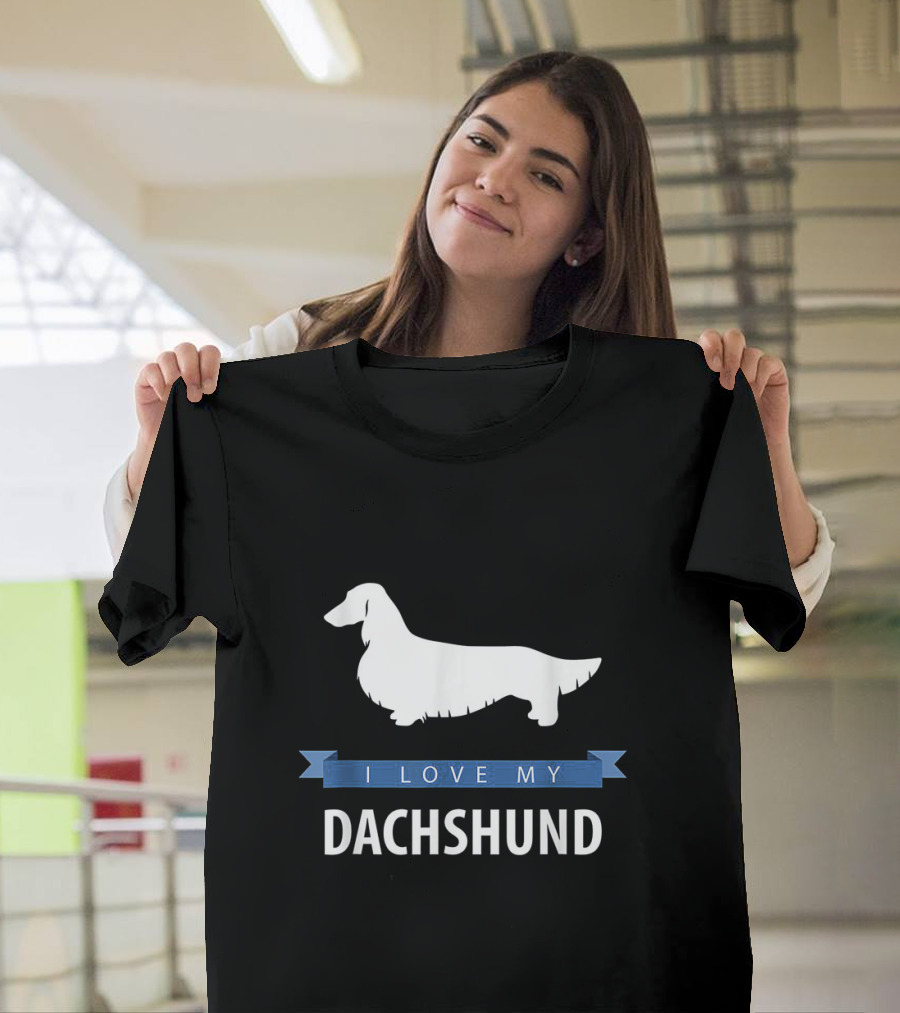 I Love My Longhaired Dachshund Silhouette With Blue Banner T-Shirt