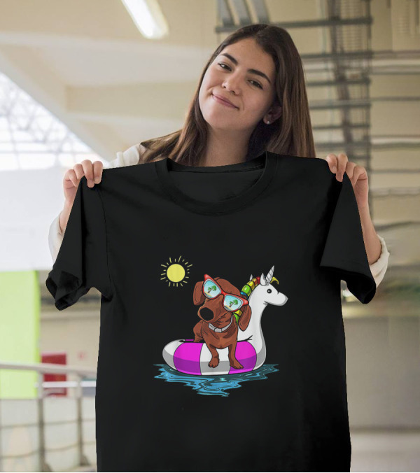 Dachshund On Unicorn Float At Summer Pool Party With Sunglasses And Sun T-Shirt