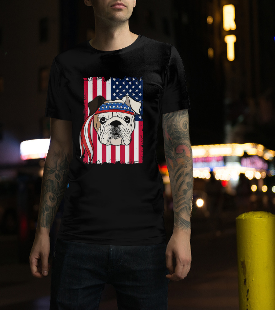 Patriotic Bulldog Wearing Bandana With American Flag Background T-Shirt