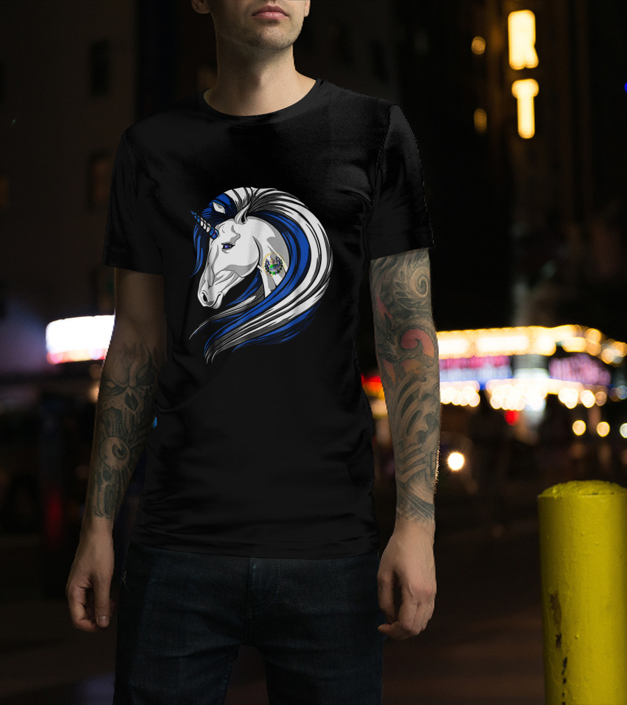 Unicorn With El Salvador Flag Colors And Salvadoran Emblem Mane T-Shirt