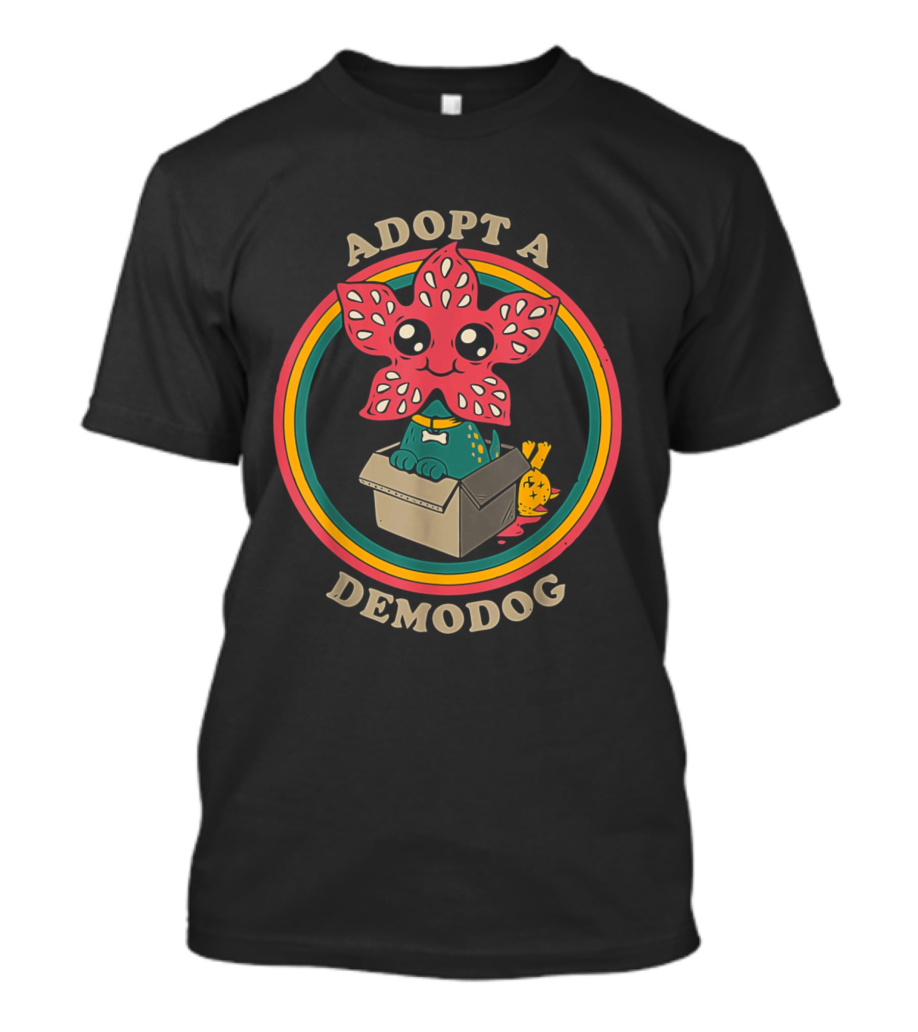 Adopt A DemoDog Cute Flower-Faced Creature In Box With Rainbow Circle T-Shirt