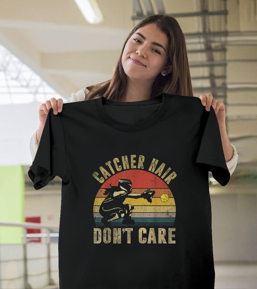 Catcher Hair Don't Care Retro Softball Catcher Girls T-Shirt