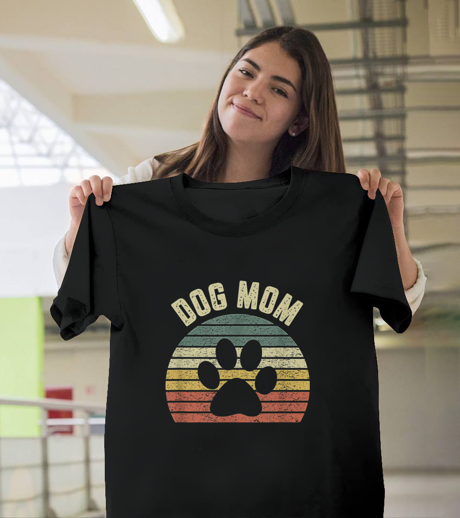 Dog Mom Vintage Striped Paw Prints T-Shirt
