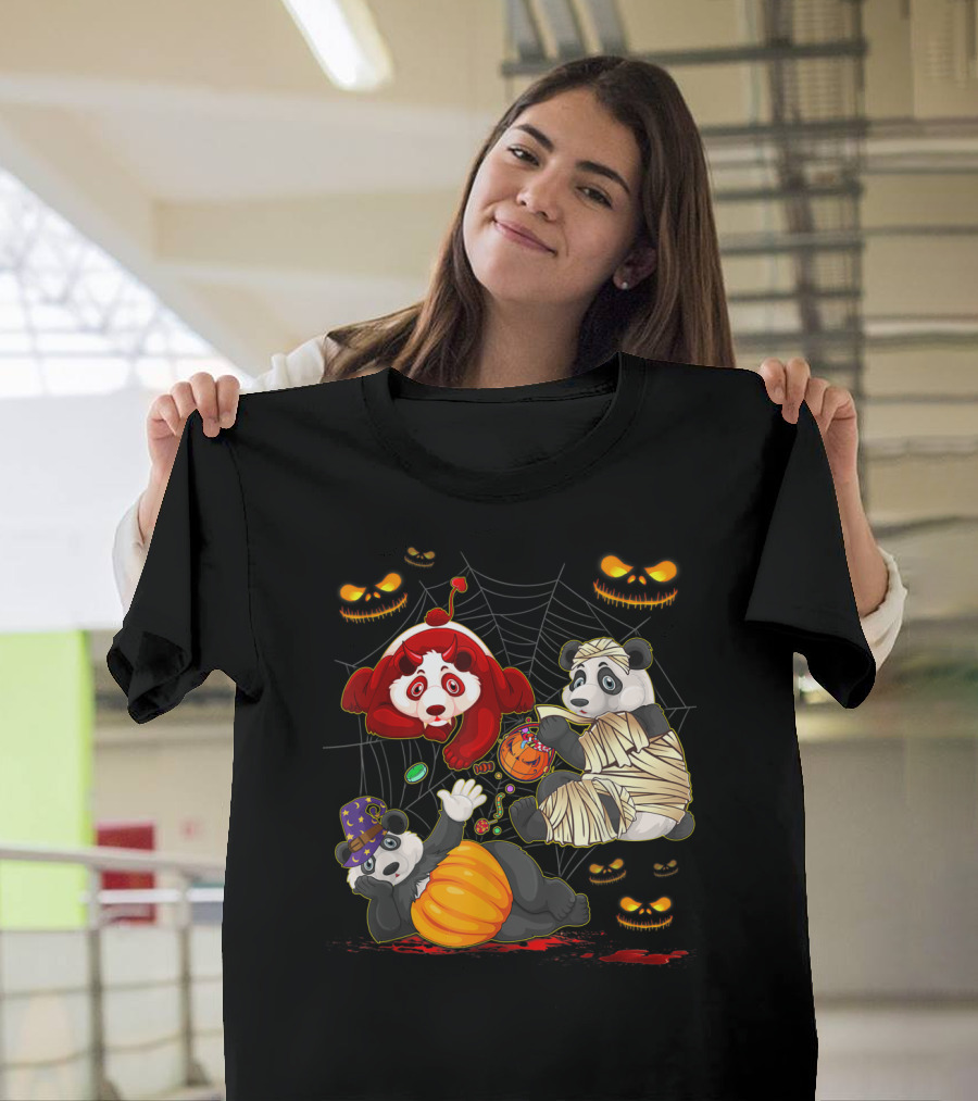 Halloween Panda Trio Mummy Clown Pumpkin Costume With Spider Web And Jack-o'-Lanterns T-Shirt