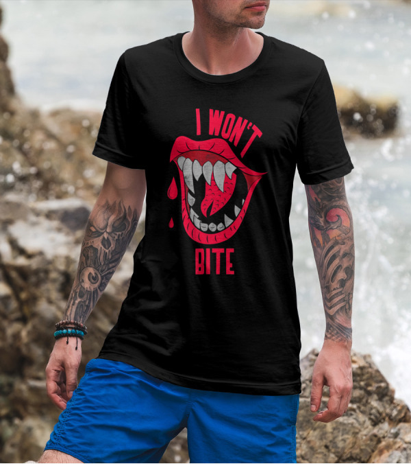 I Won't Bite Halloween Red Lips With Fangs And Blood Drops Scary Appeal T-Shirt