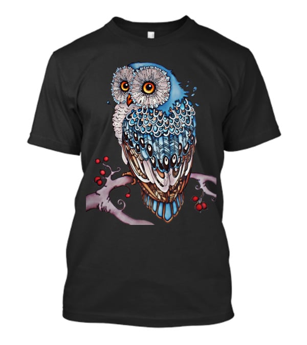 Luminous Blue Owl On Branch With Red Berries - Owl For You T-Shirt